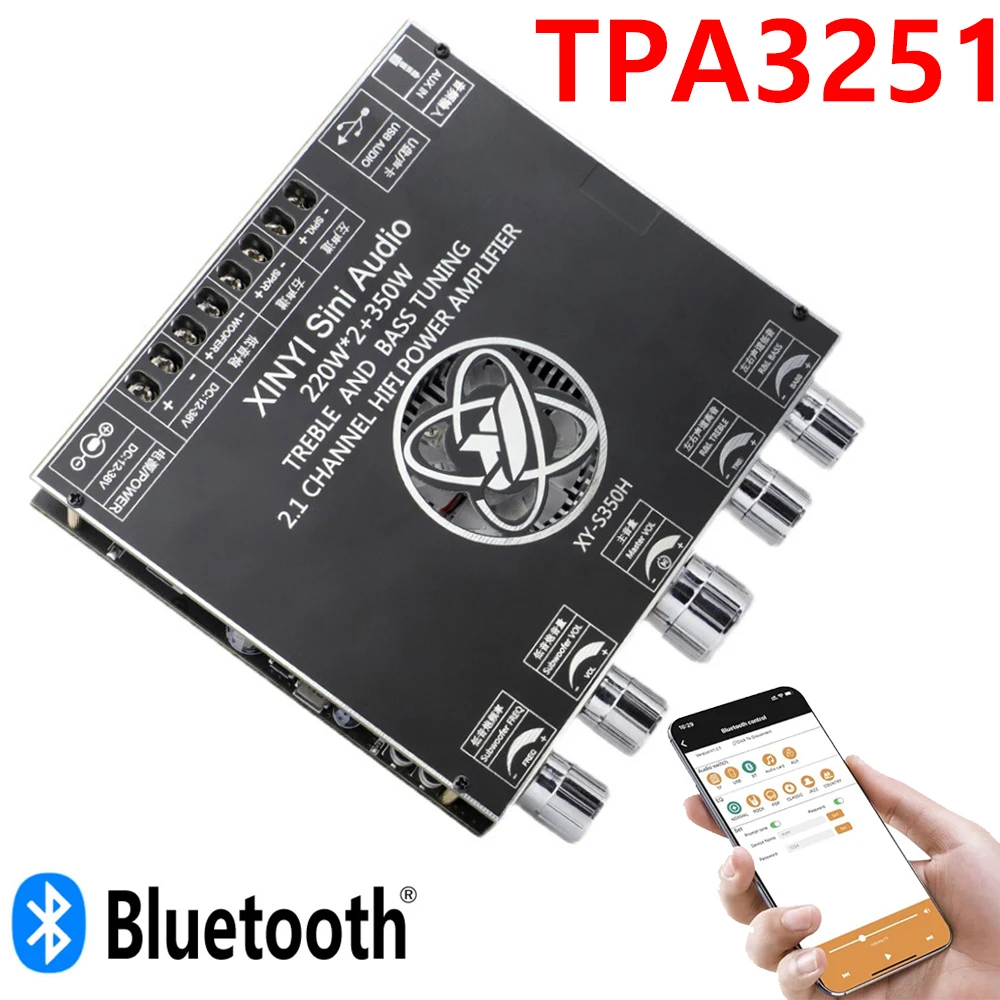 800W Sound Amplifier TPA3251 * 2 HIFI Bluetooth Amp Board 2.1 Channel with Bass and Treble Adjustment 220W * 2+350W DC 18V