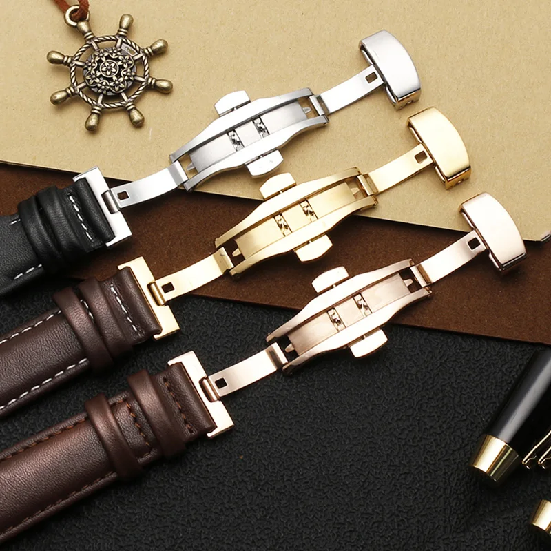 Genuine Black Leather Watch Band - Premium Waterproof Cowhide Strap