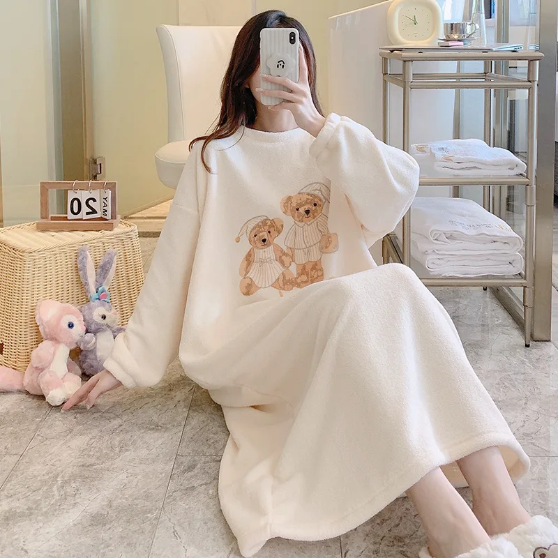 

Flannel Long Sleeved Nightdress Women's Thick Fleece Sleepwear Loose Round Neck Warm Coral Fleece Nightgown Home Dress Nightwear