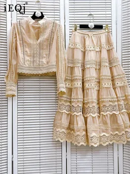 طقم مكشكش مطرز للنساء ، كم طويل ، علوي قائم ، تنورات بخصر مرتفع ، أطقم نسائية ، جديد ، ربيع ، سادة ، 3WQ9865 1