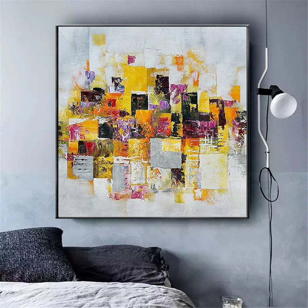 

Modern Living Room Hand-Painted Canvas Oil Painting Sofa Background Wall Art Fortune City Decor Painting Yellow Hanging Painting