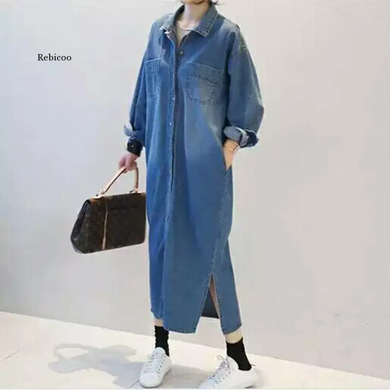 

Женское свободное джинсовое платье-рубашка, повседневное длинное однобортное Платье оверсайз в корейском английском стиле с боковыми разрезами