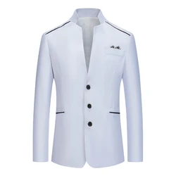 Formal Suit Blazer for Men Slim Fit Stand Collar Jacket Business Work Button Coat White/Grey/Pink/Red/Navy Blue