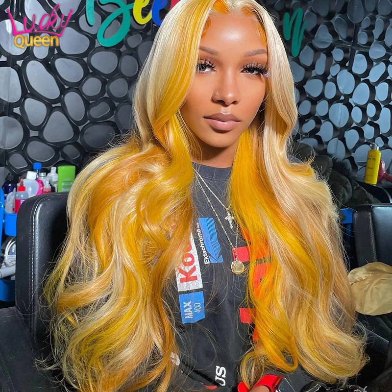 Yellow Mixed 613 Blonde Color Body Wave Human Hair Wig Highlight HD Lace Front Wig Transparent Lace 13X4 13X6 Frontal Wavy Wig