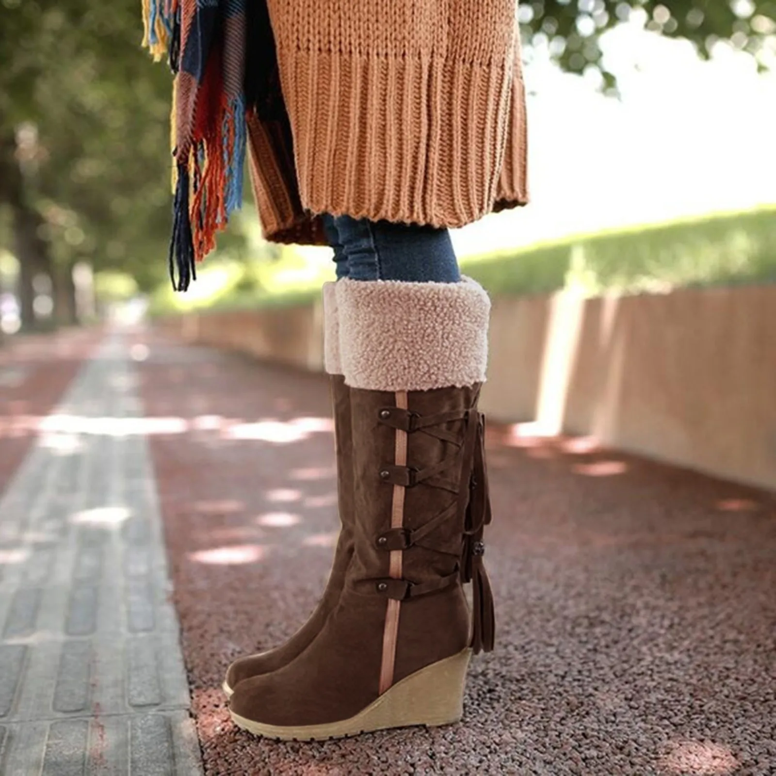 Women'S Cotton Long Knee-Hign Wide Calf Vintage Boots. - Image 2
