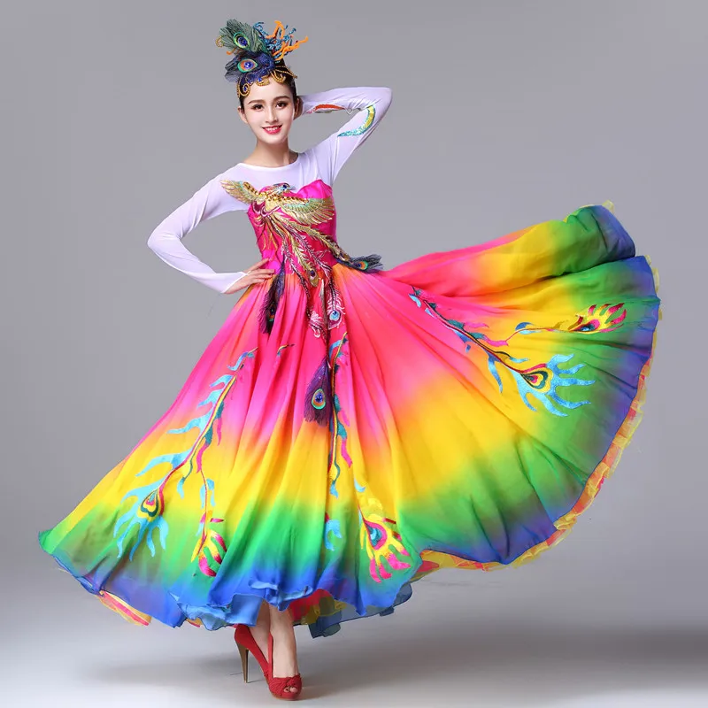 

Long Sleeve Chiffon Phoenix Dance Dress For Women New Year Performance Clothing Opening Dance Clothes Colorful Christmas Party
