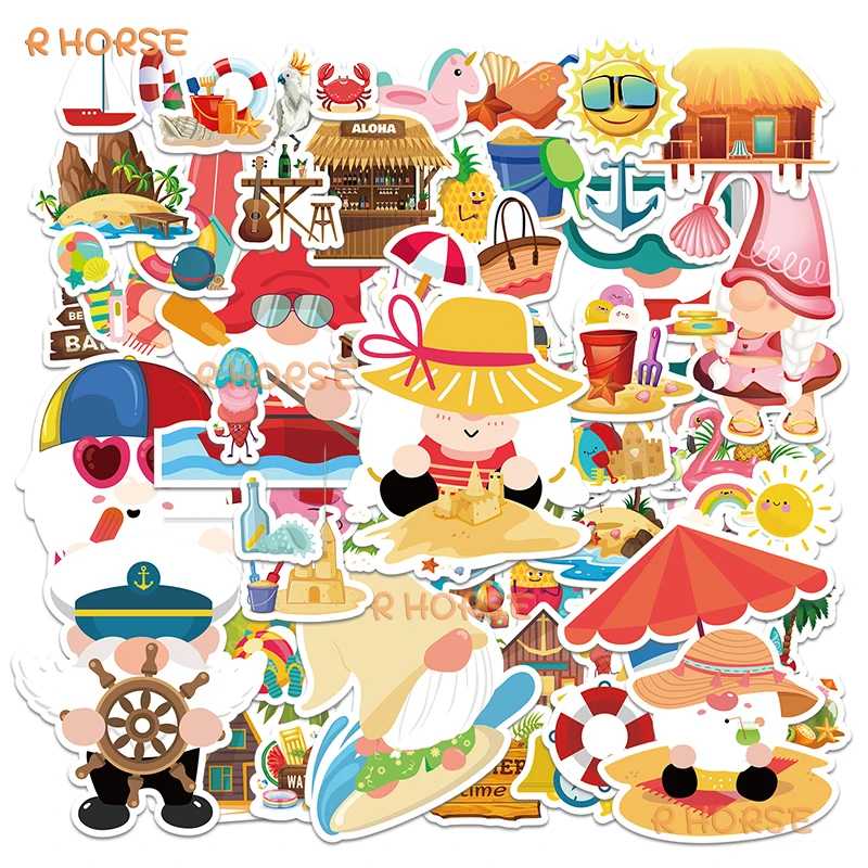 130Pcs Summer Beach Gnome Stickers for Kids Window Decals Summer Holidays Notebook Stickers Decor Tropical Luau Party Supplies