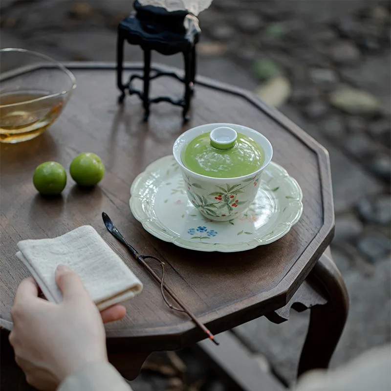 Cuipiao Cherry Hua Chu Gaiwan Hand Painted Home Ceramic Brewing Bowl Kung Fu Tea Set with Lid Heat Resistant Chinese Style Cup