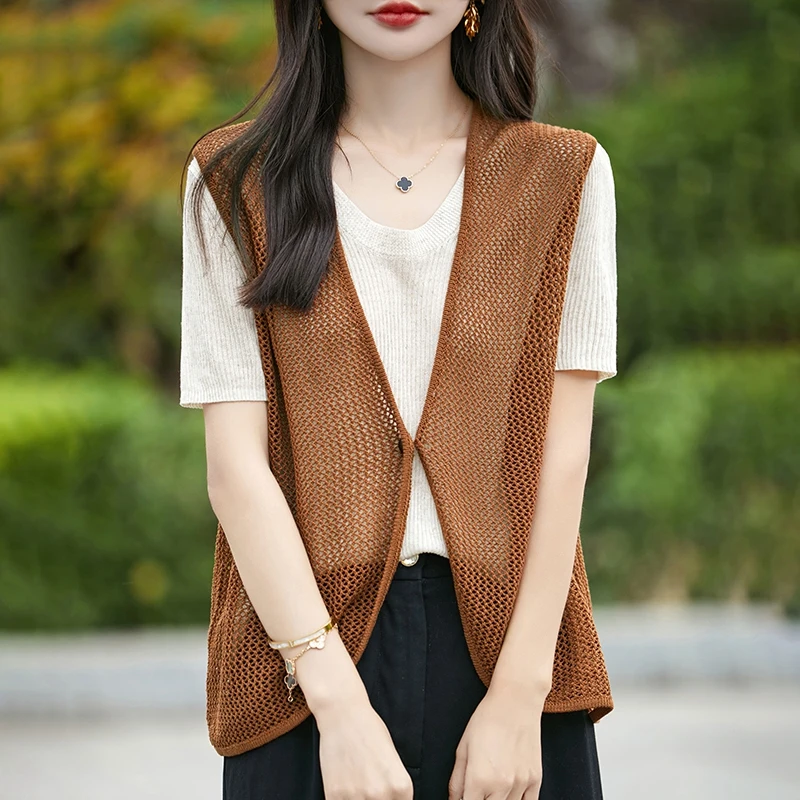 용수철 니트 가디건 스웨터 조끼, V넥 할로우 아웃 여성 민소매 상의, 여름 자외선 차단 루즈 조끼, 여성 의류