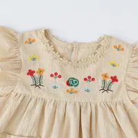Robe brodée à volants pour filles, robes pour enfants, bord, fibre, dentelle, col rond, poche, vêtements pour enfants, été, ingent 4