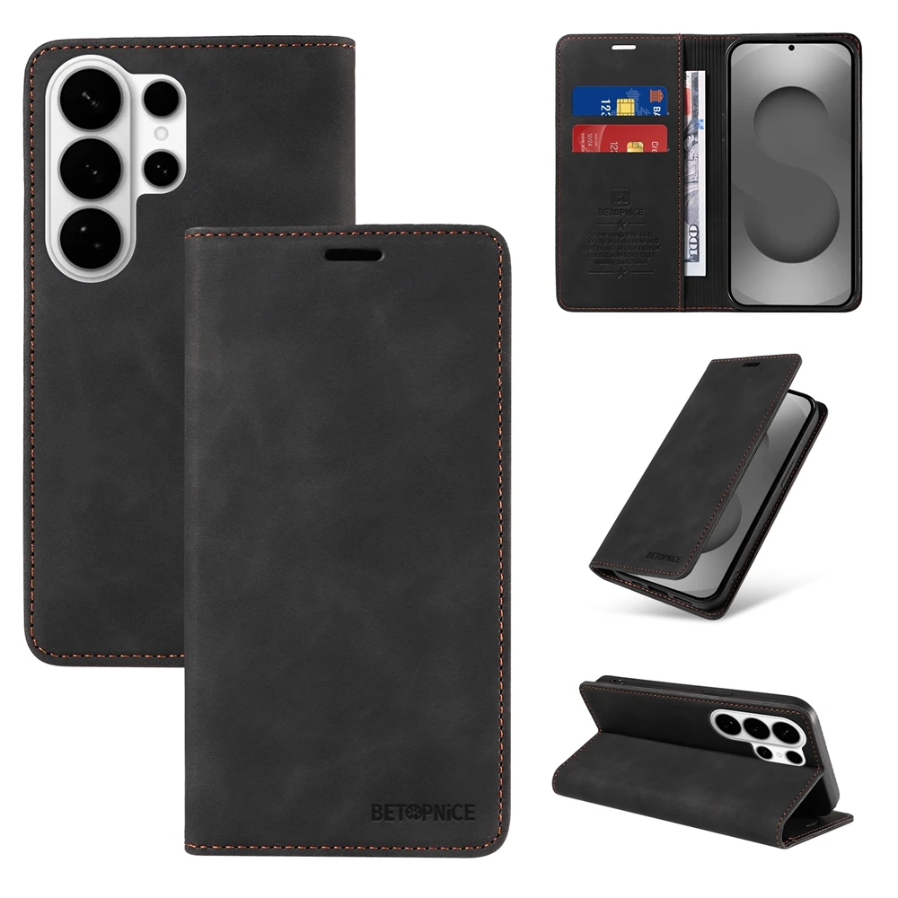 Premium Magnetic Leather Flip Wallet Case with Kickstand - Classic Business Design
