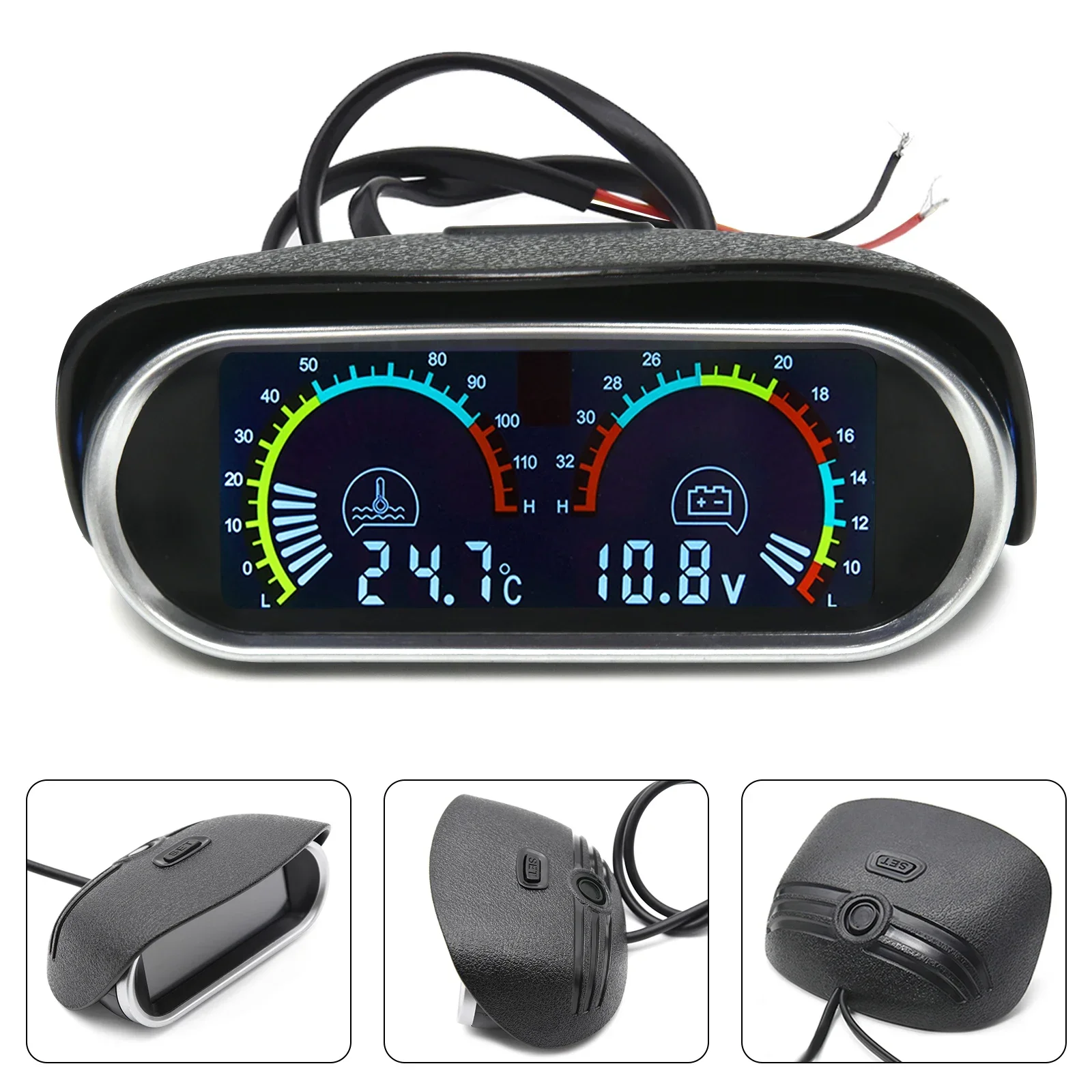 ? 자동 게이지 2in1 LCD 수온계 & 전압계 2 in 1 조인트 파이프 어댑터 포함 1/8NPT OD 26MM-40MM 10mm 온도 센서