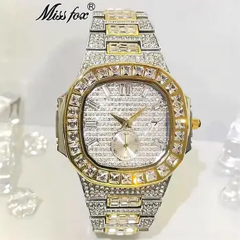 Luxury Brand MISSFOX Men's Quartz Wrist Watch Big Ice Diamond Crystal Rhinestone Analog Fashion Wristwatches Men Original Gifts