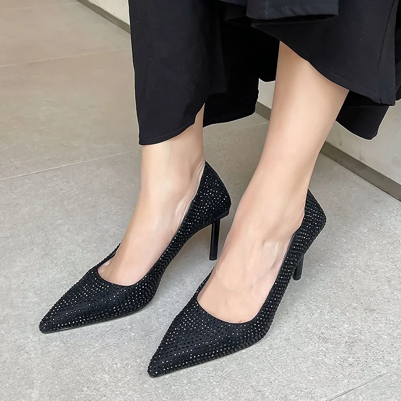 

Rhinestone Crystal Stiletto Pumps Pointed Toe Shallow Thin Heel High Heels Women Slip-on Banquet Catwalk Party Shoes Customized