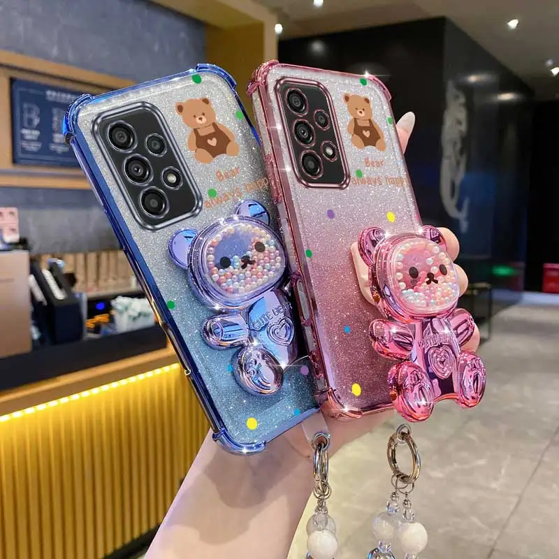 Glittery Pearl Strap Bear Phone Holder Case with Lanyard and Stand Feature