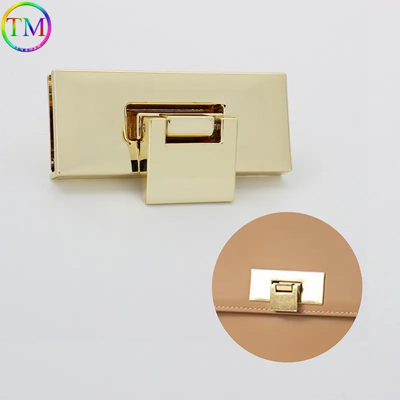 Light gold High Quality Metal Clasp Turn Lock Fashion Push Twist Lock Rectangle Hanger Locks Accessories For Handbags