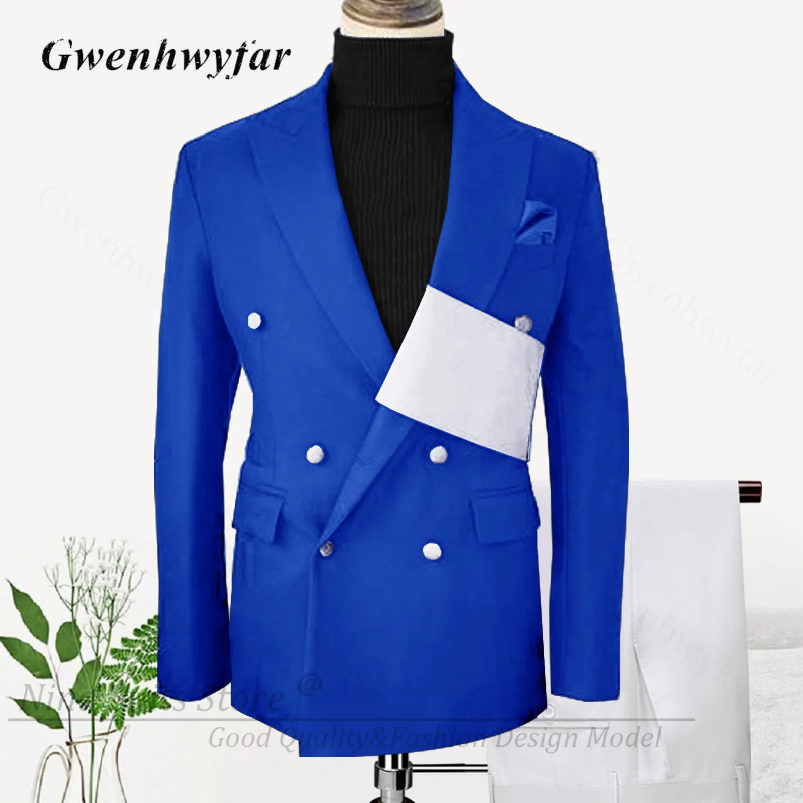 G&N Handmade Royal Blue Men Suits with White Sash Wedding Tuxedo for Groosmen Best Man Costume Homme Jacket Pants Set