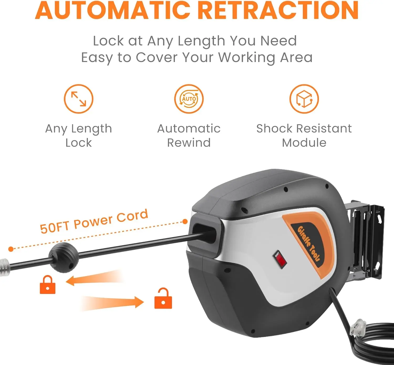 Giraffe Tools Retractable Power Cord Reel, 50ft 12AWG/3C SJT Heavy Duty Extension Cord Storage Reel Wall/Ceiling Mount 2