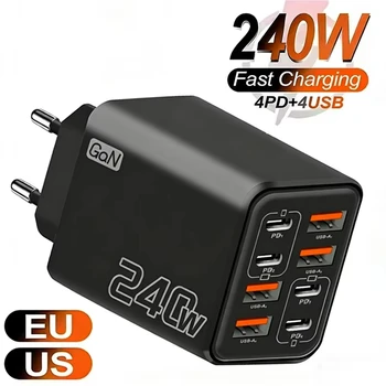 Caricatore USB C GaN da 240W 8 in 1, caricatore rapido per telefono, adattatore di alimentazione per iPhone, Samsung, Xiaomi, tipo C, con spina EU/US, caricatore da parete.