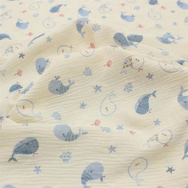 100x135cm Double Gauze Cotton Crepe Fabric Cute Whale Printed Cotton Seersucker Fabric for DIY Sewing Baby Dress Cloth