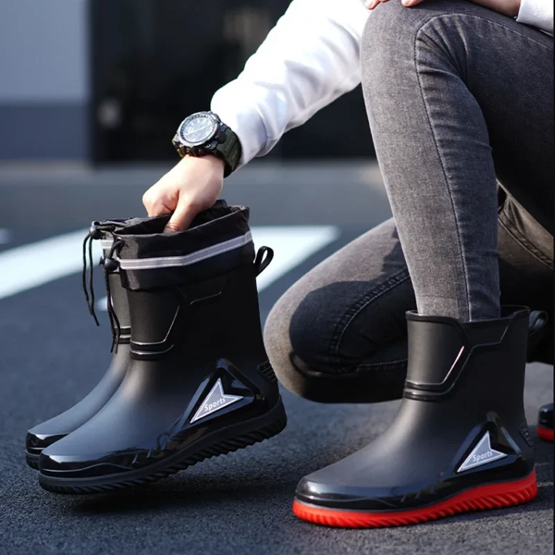 Bottes de pluie mi-mollet hommes mode avec bandes réfléchissantes, chaussures étanches élastiques grises pêche