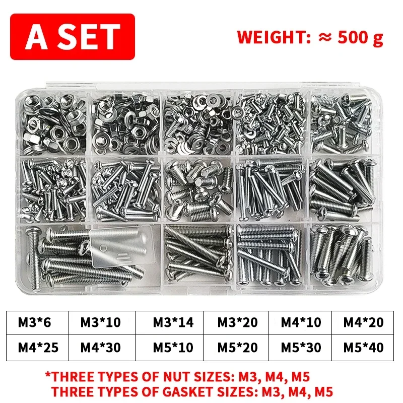 M3 M4 M5 M6 Machine Screws with Nuts Bolts and Washers,Phillips Pan Round Head Screw Bolt Nut Washer Assortment Set Kit Box