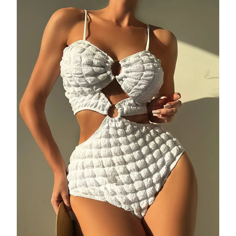 

O-Ring One Piece Set Swimsuit Bubble Swimwear Women Sexy Bikinis Set Cut Out High Waist Beachwear Female Bodysuit Bathing Suit