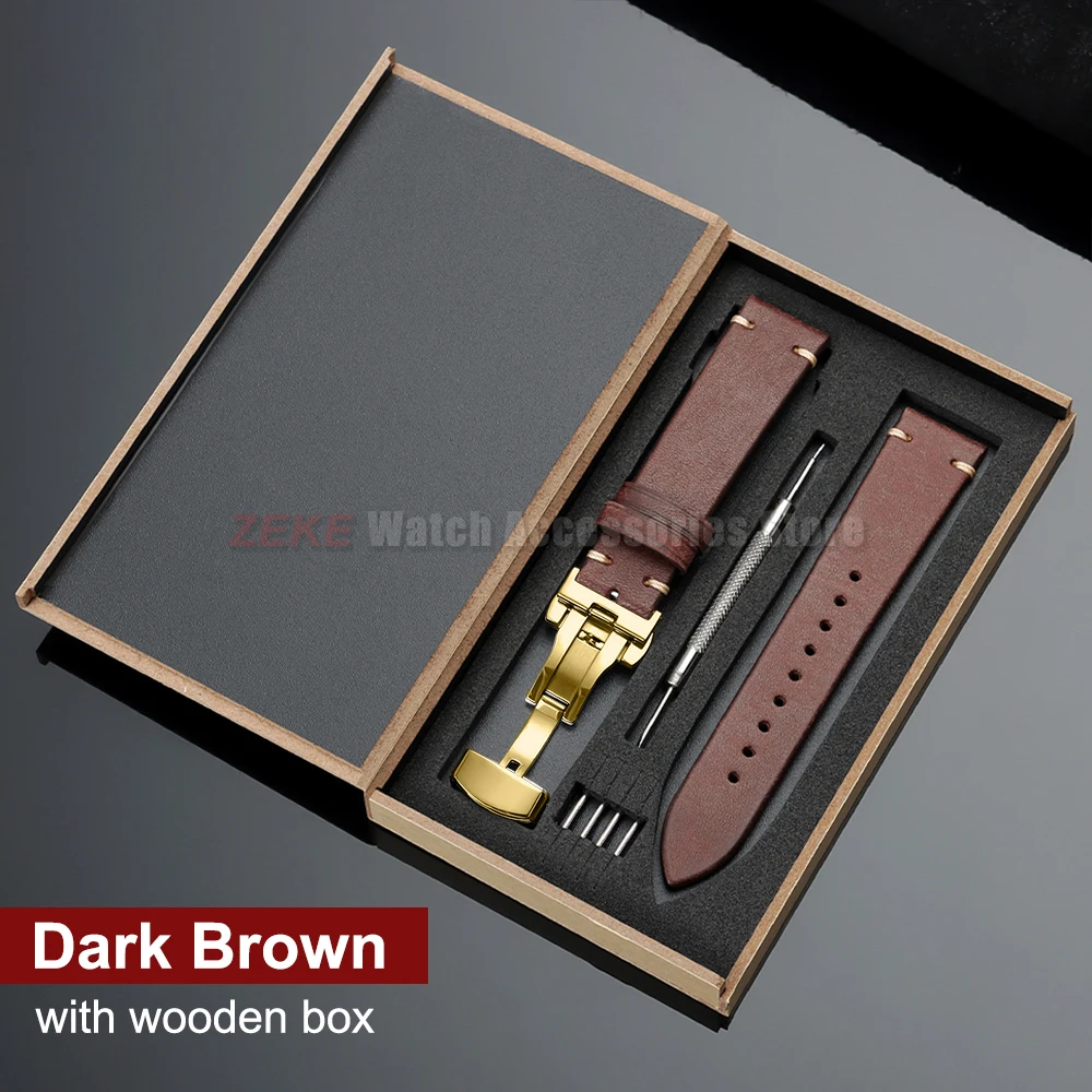 Elegant Genuine Leather Watch Band with Wooden Box & Butterfly Clasp Bracelet