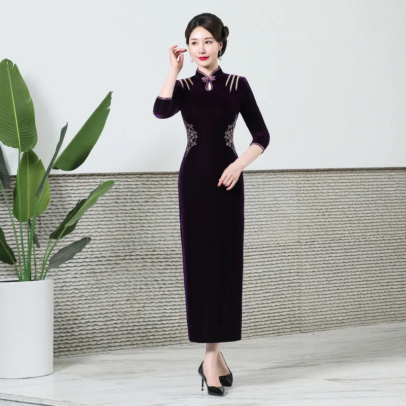 

Длинное Элегантное классическое китайское платье Qipao с воротником-стойкой, женское бархатное платье-Ципао, изысканная вышитая Восточная одежда