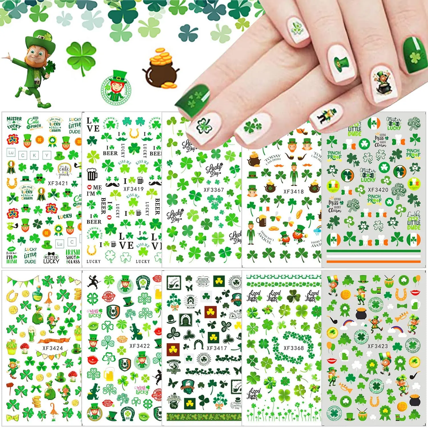 10 Sheets St Patrick’s Day Nail Art Stickers 3D Shamrock Nail Polish Decals Green Clover Irish Nail Stickers St Patricks Day 50pcs irish day stickers st patrick s day clover four leaf clover stickers decoration suitcase stickers baby shower