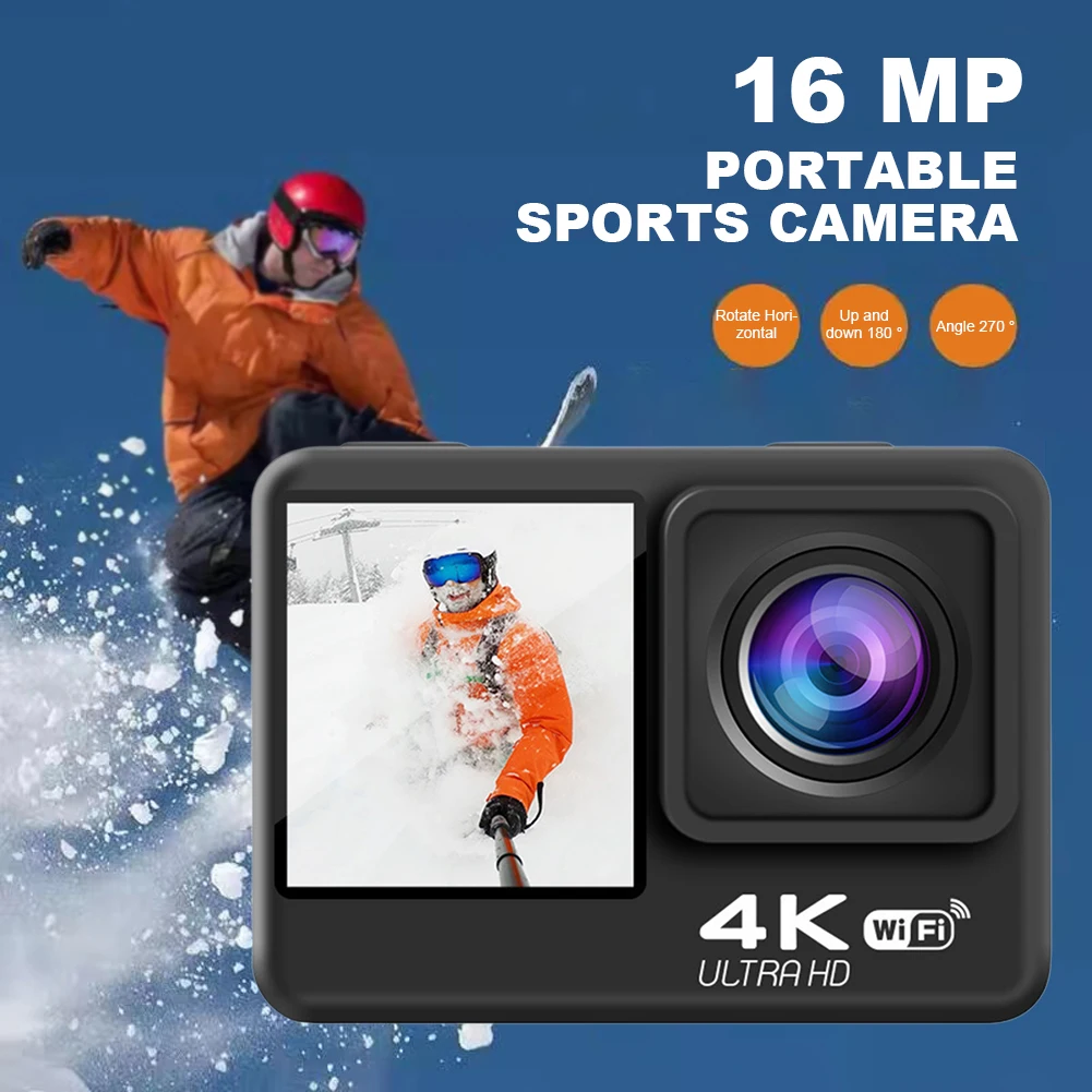 4K UHD 야외 스포츠캠 듀얼 스크린 디스플레이 2.0인치 IPS 화면 자전거 비디오 녹화 카메라 120도 광각 수중 카메라