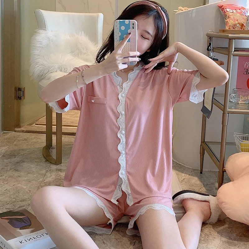 Women's pajamas suit 2024 summer short-sleeved pit stripe imitation cotton cardigan V-neck lace casual sweet homewear pajamas