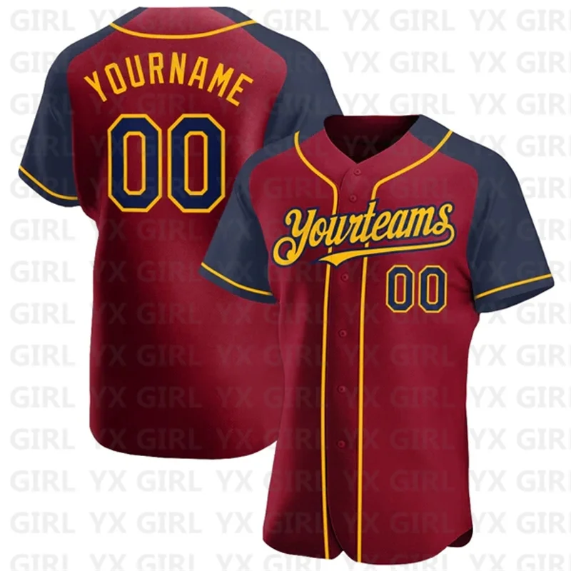 

Custom Crimson Navy-Gold Authentic Raglan Sleeves Baseball Jersey 3D Printed Men Women Shirt Casual Shirts Sport Unisex Tops