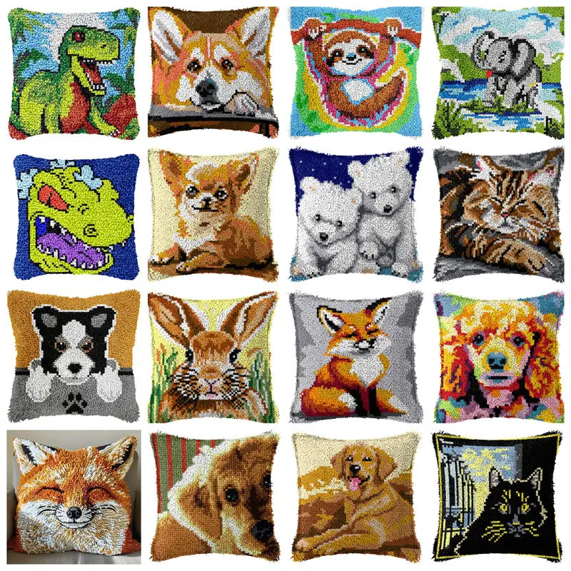 Dinosaur Corgi Latch Hook Kits Rugs Animals Latch Hook Rug Making Kits Smyrna Buttons Package DIY Embroidery Carpet Pillow Gifts