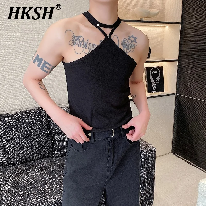 

HKSH Summer New Trendy Tight Elastic Tank Tops Personalized Rivet Strap Design Handsome Men's Tide Chic Dark Punk Vest HK1195