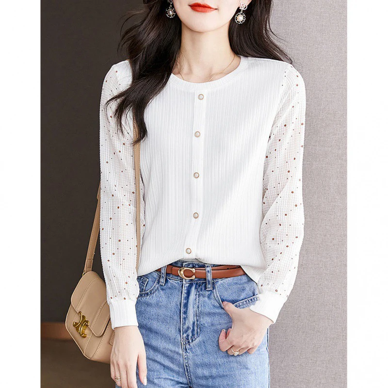 Spring Texture Comfortable Spliced Long Sleeve Women Sweatshirts Fashion Casual Oversized Inside T Shirts Tops Daily Wear White