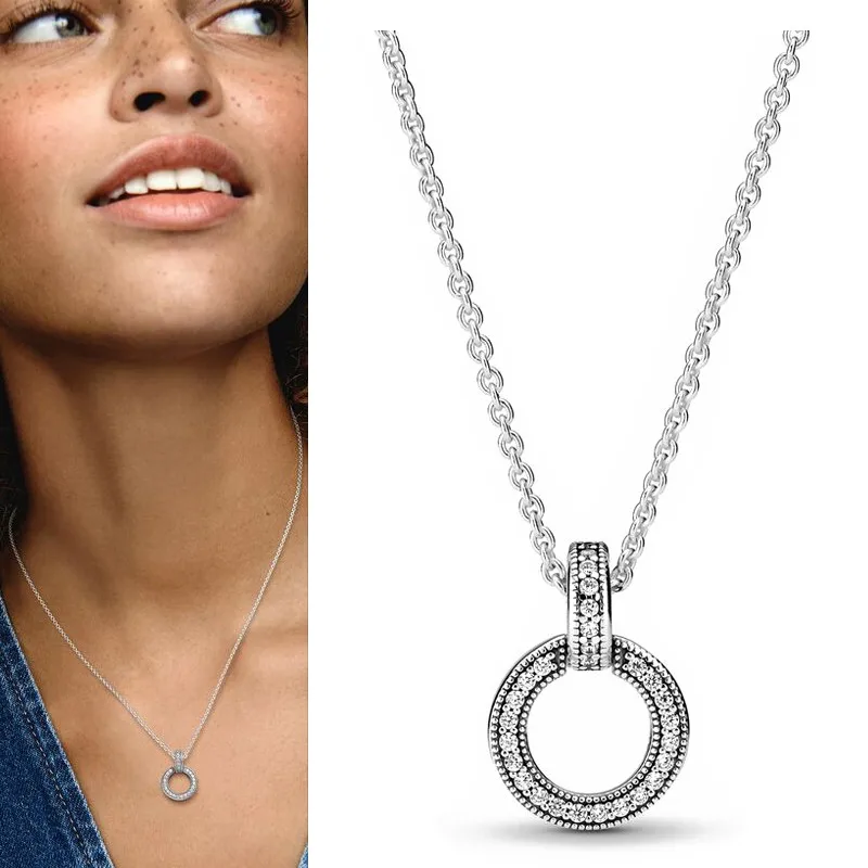 Original Women's Popular 925 Sterling Silver Colorful Love Heart Logo Ice Crystal Circle Necklace DIY Light Luxury Charm Jewelry