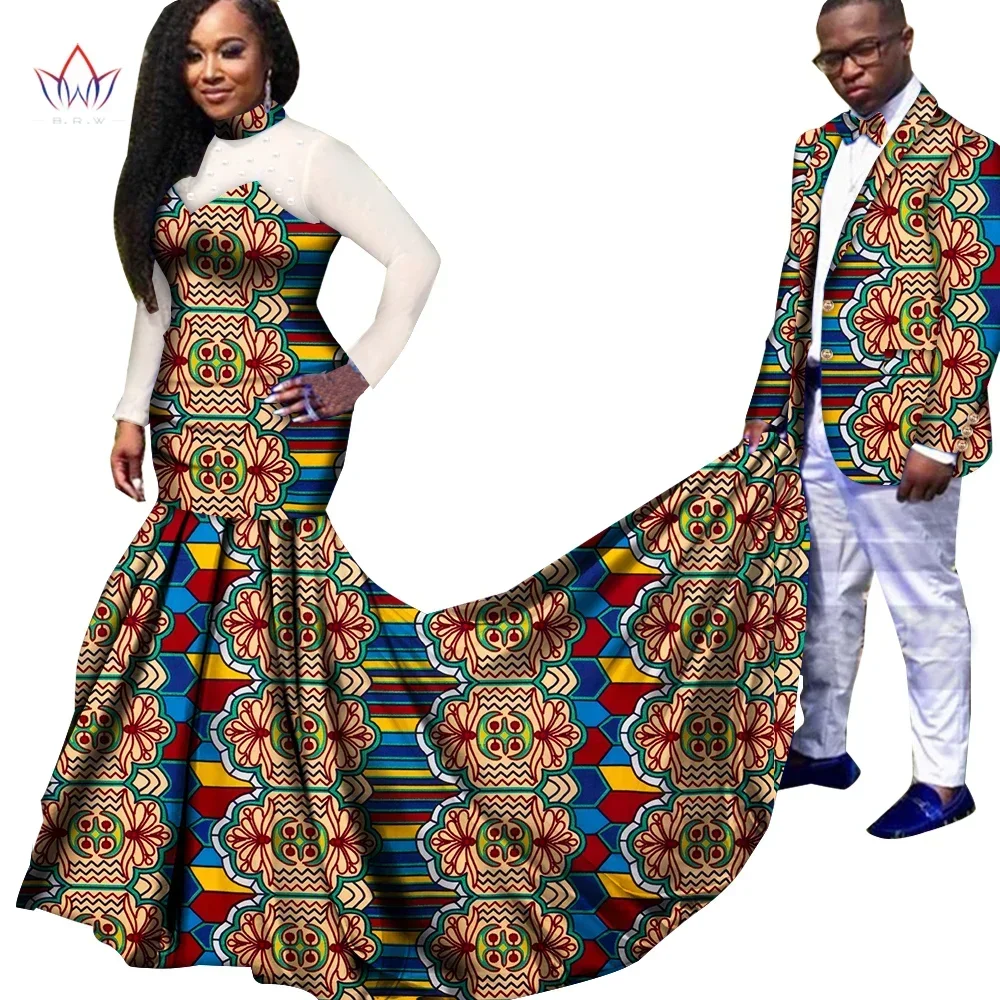 African Couple Clothes Peals Yarn Long Sleeve Dress for Women Riche Men Print Blazer Suits Traditional Party Wedding Clothing