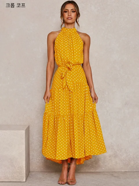 여성용 여름 롱 드레스 폴카 도트 캐주얼 드레스, 블랙 섹시 홀터, 스트랩리스, 2022 옐로우 선드레스, 휴가 의류, 신제품