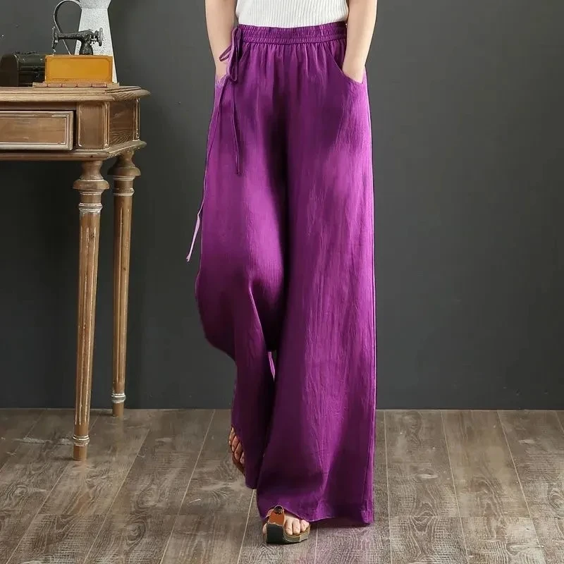【Anyone more】Juni Cotton Pocket Long Wide Pants 2025 Cotton Linen Wide Leg Pants 4xl Big Size Trousers Women