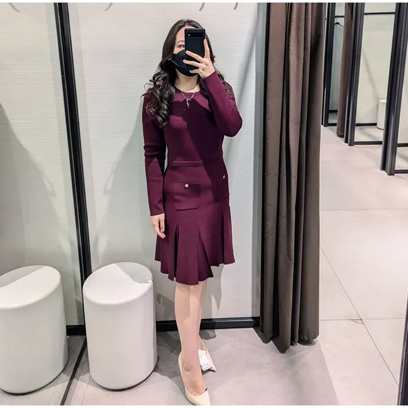 Knit Burgundy Red A-line Mini Dress Women O-neck Long Sleeves Pleat Party Dresses Female 2025 Spring New Pockets Button Vestidos