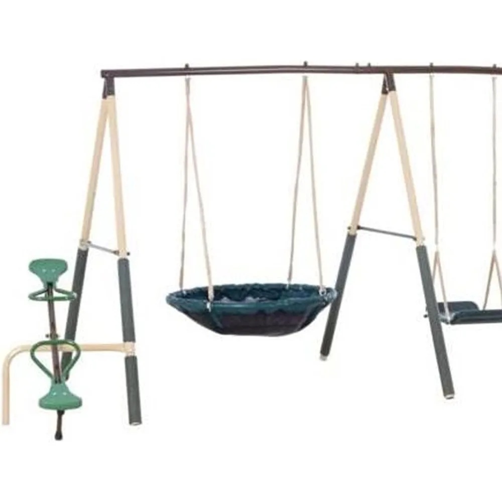 Deerfield Outdoor Playground Swing Set with Slide, See Saw, Trapeze Swing, Fun-Glidr, Swing Seat, and Stand N Swing 2