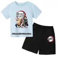 Boys Girls Clothes Set Summer Cartoon Demon Slayer T shirt+Short Pants 2pcs Children Clothing Teen 1 2 3 4-14 Year Kids Suit 1