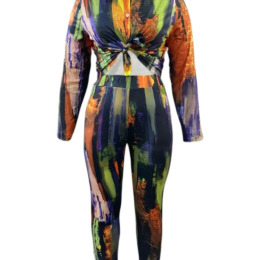Plus Size Tie Dye Regular Fit Pants Set Shirt Collar Gradient Print Pattern Two Piece Outfit Casual Matching Suit for Women