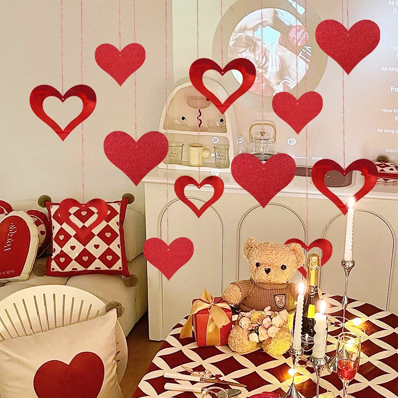 Red Love Heart Spirals Valentine's Day Hanging Garland Swirl Ornaments for Party Decoration 12pcs