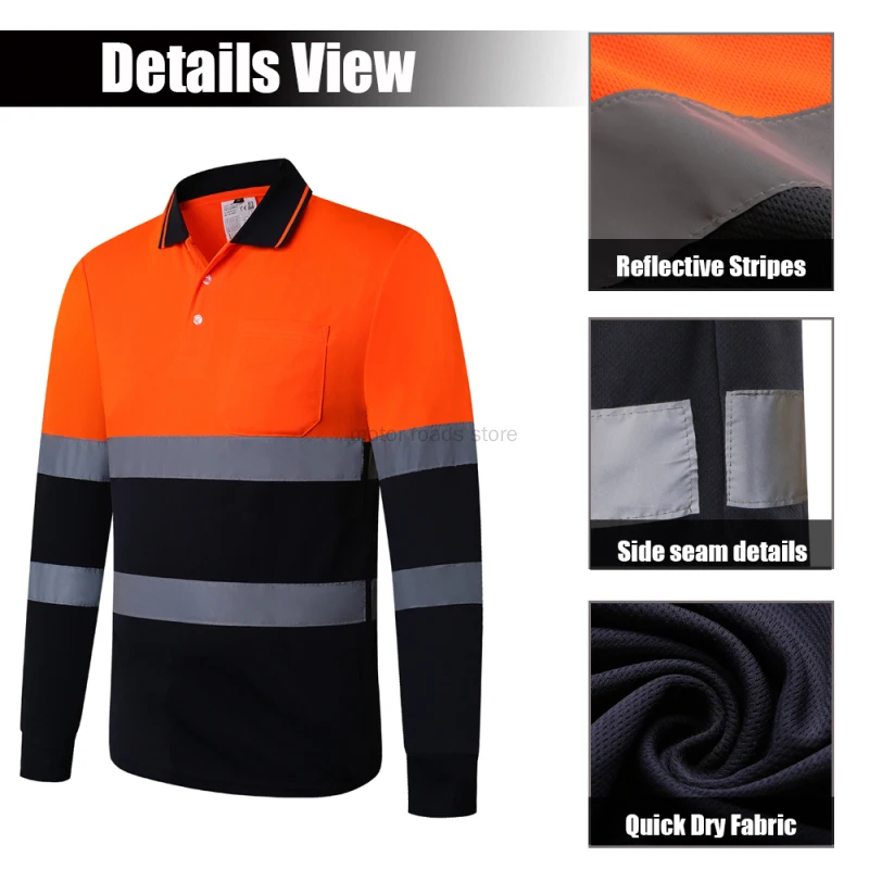 Reflective Safety Polo Shirt Two Tone Long Sleeve Safety Polo Shirt Orange High Visibility Reflective Shirt With Pockets Hi vis work shirt
