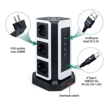  Vertical Power Strip EU Electrical Tower Kr Plug Outlet Socket USB Type C Cable Surge Short Circuit Protector 2m Extension Cord 