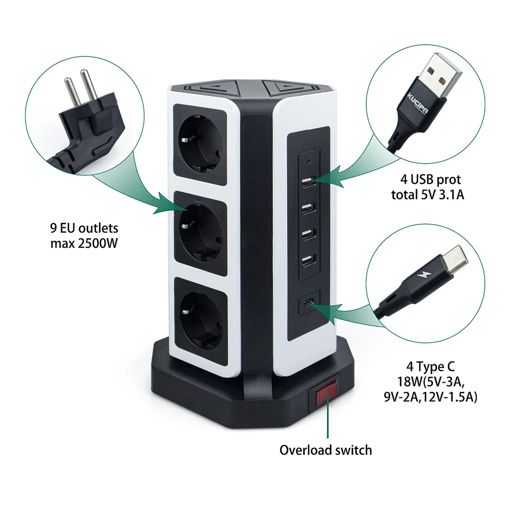 Vertical Power Strip eu Torre Elétrica kr Plug Tomada Cabo Usb tipo c Protetor de Curto Circuito 2m Cabo de Extensão eu - Image 5