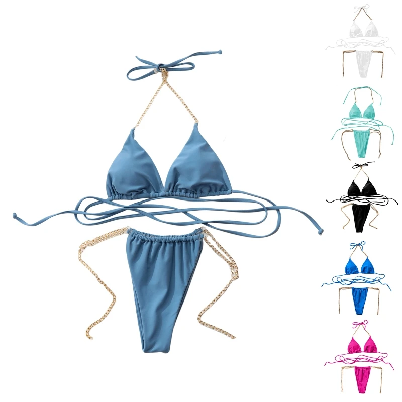 

Новинка 2022, женский сексуальный комплект бикини с лямкой на шее, сексуальные женские стринги с высоким вырезом, купальник с завязками и низкой талией