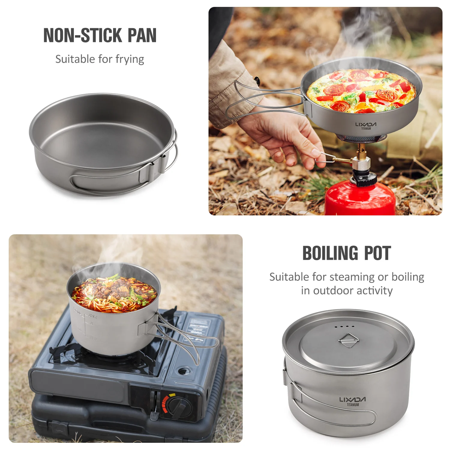 Lixada-티타늄 냄비 팬 요리 세트, 야외 캠핑 조리기구, 피크닉, 하이킹 식기, 접이식 손잡이 및 메쉬 운반 가방 포함